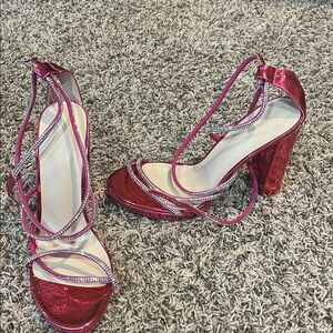 Pink Strappy Heeled Sandals with Rhinestone Accents